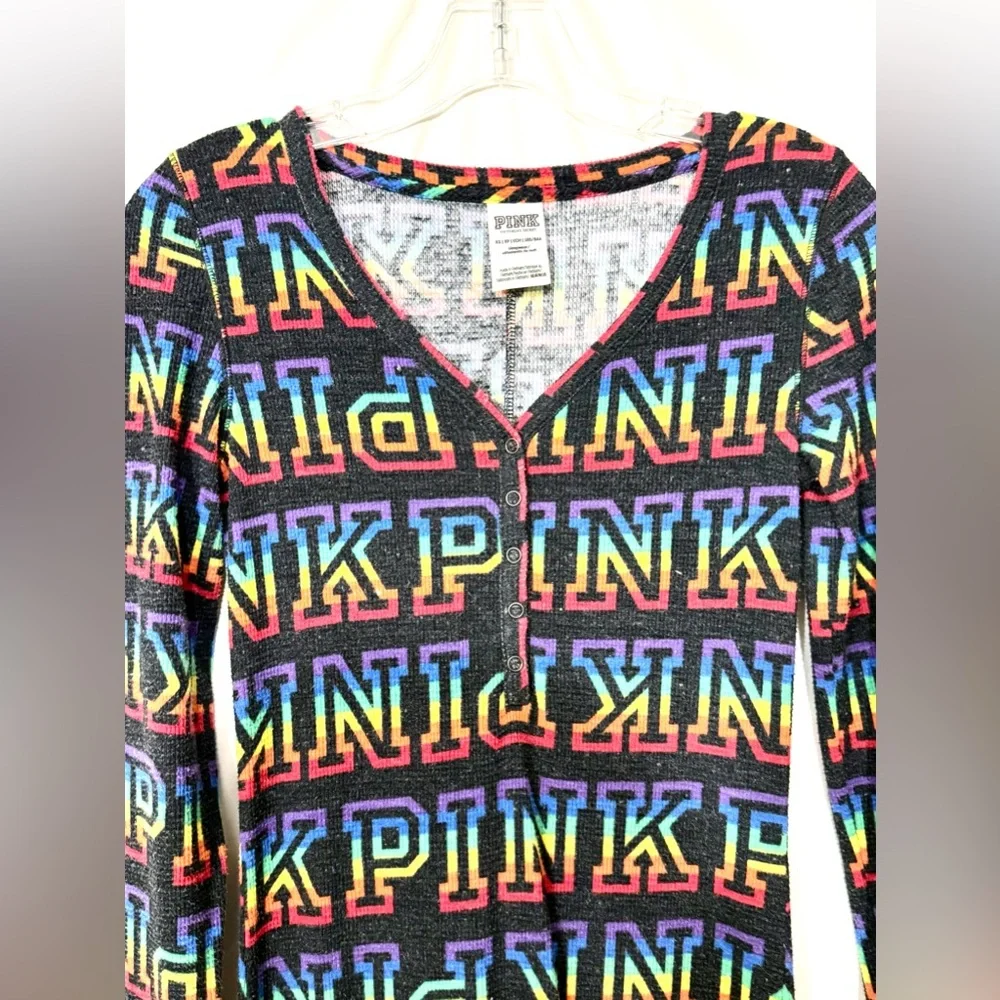 PINK Victoria’s Secret Rainbow Graphic Long Jane Thermal Onesie Pajamas Size XS